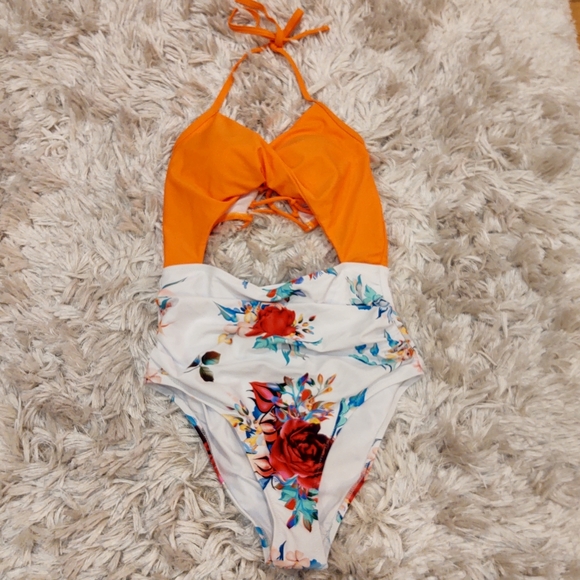 Cupshe Orange Floral Cutout Halter One Piece - Picture 3 of 8